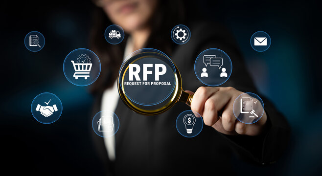 Businesswoman Holding Magnifying Glass Over RFP Request for Proposal Graphic with Icons in Modern Corporate Setting. Glyphic.