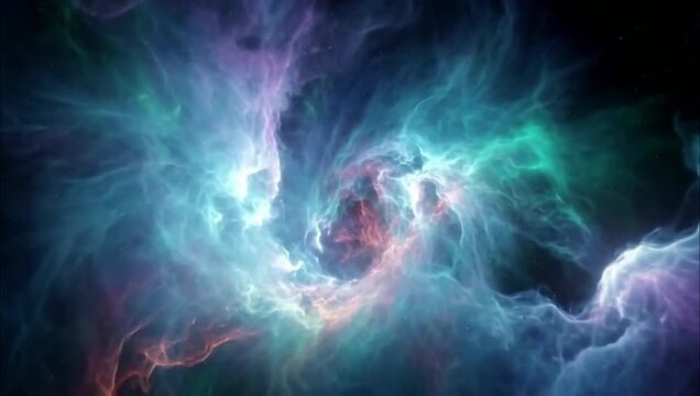 Abstract ethereal nebula background with flowing teal and purple cosmic clouds in deep space.