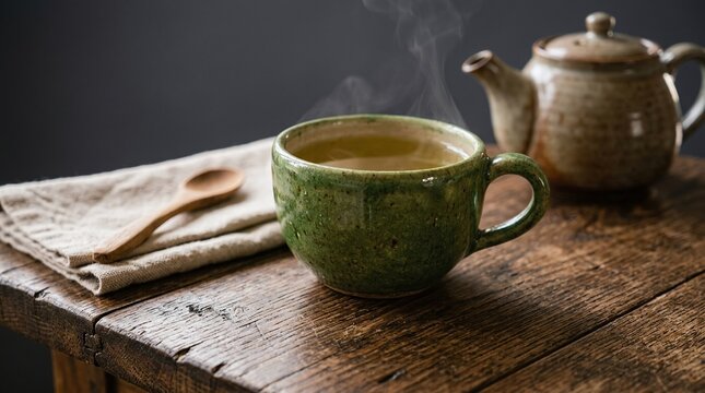 Steaming green tea in ceramic mug and rustic teapot on wooden table, wellness concept
