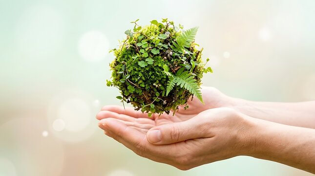 Human hands holding a floating sphere made of green moss and forest foliage for environmental conservation concept