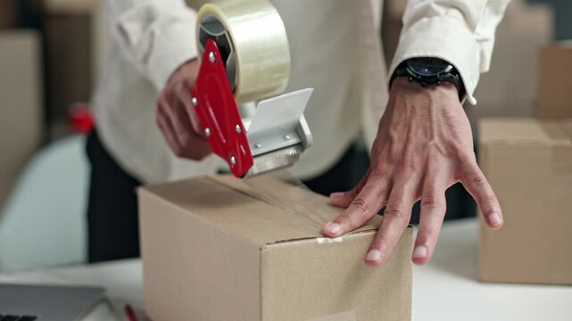 Person seals box with handheld tape dispenser