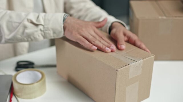 Hands seal a cardboard box with packing tape