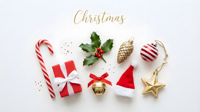 Festive christmas decorations arranged on a bright white surface for holiday cheer
