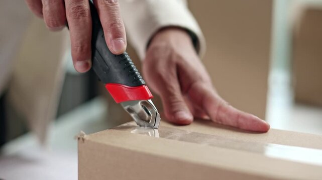 Hand grips utility cutter near cardboard box