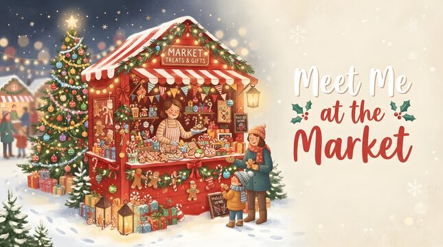 Festive christmas market stall decorated with lights and holiday greenery in winter