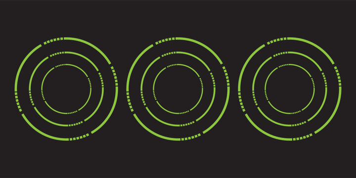 Abstract green futuristic concentric circles HUD elements set with dashed lines isolated on dark background vector illustration