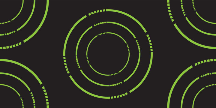 Abstract green futuristic concentric circles HUD elements set with dashed lines isolated on dark background vector illustration