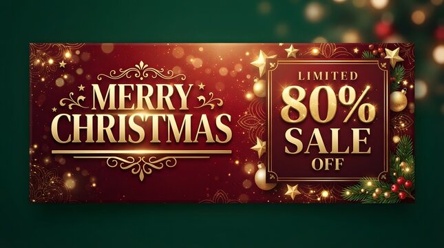 Festive christmas sale banner with golden text and sparkling red background for promotions