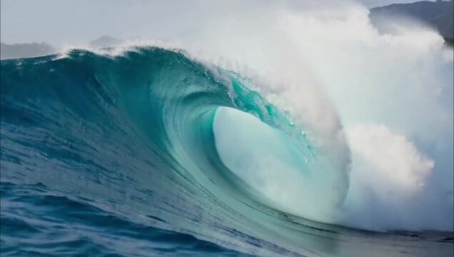 A massive powerful ocean wave crashing in the deep blue sea.