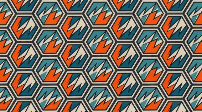 Retro geometric hexagon pattern with stylized lightning bolts