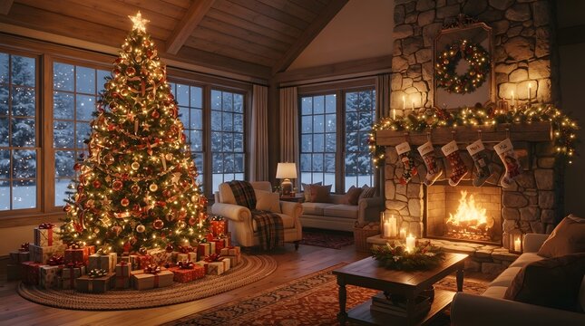 Warm and inviting living room with a decorated christmas tree and cozy fireplace