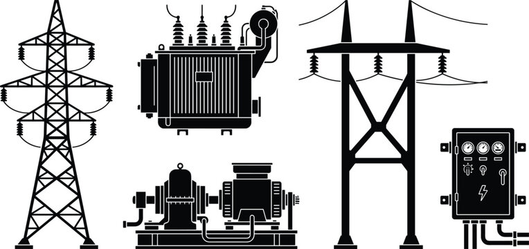 High Voltage Electric Grid Icon Set Featuring Power Transmission Towers Distribution Substation Transformer Industrial Generator Box and Control Panel Vectors
