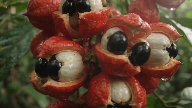 Ripe guarana fruit cluster hanging on a leafy plant in the rainforest paullinia cupana exotic fruit tropical plant rainforest flora