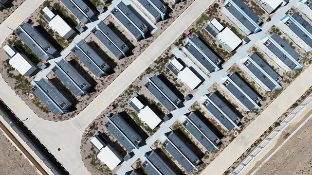 aerial view of organized energy storage battery array facility