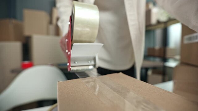 Hands seal a box with a tape dispenser