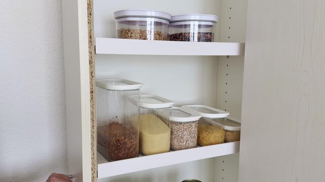 Tidy Kitchen Cupboard with Stacked Storage Containers of Grains and Pasta, Woman Hand at Cabinet Edge, Space Saving Pantry Organization for Minimalist Interiors