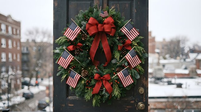Festive holiday wreath with red ribbons and ornaments on a dark wooden door