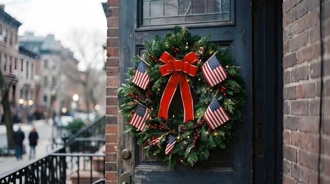 Festive holiday wreath adorns a dark wooden door with a blurred city street backdrop