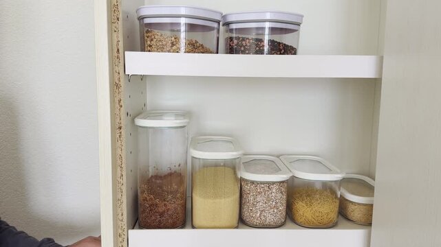 Neatly Organized Pantry Shelves with Rows of Airtight Jars of Cereals, Grains and Pasta in Tall Kitchen Cabinet, Healthy Eating and Food Storage Concept for Blogs