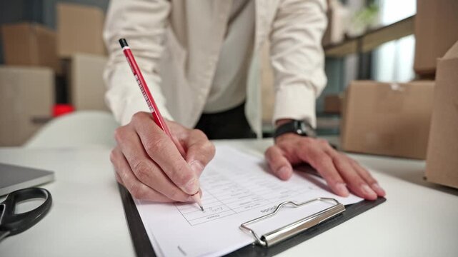 Hand writes on document with red pencil