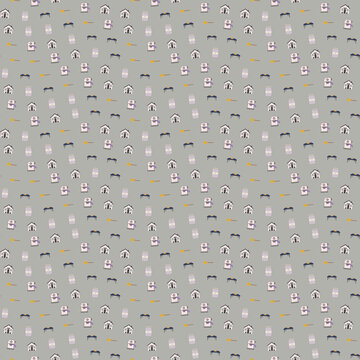 Seamless pattern of houses, coffee machines, jars, spoons, and tables