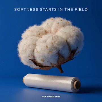 Cotton boll and plastic wrap on blue background. Features a fluffy white cotton flower floating above a transparent film roll with typography text. Commercial product photography concept.