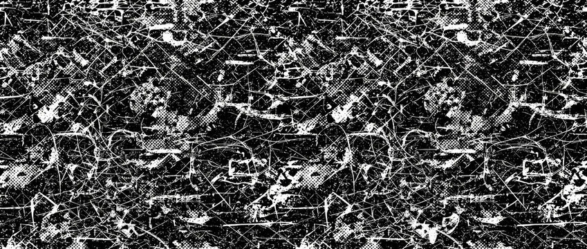 Grunge texture with distressed black scratched overlay and screenprint halftone dots, creating a high contrast monochrome dirty background banner for dark urban poster design