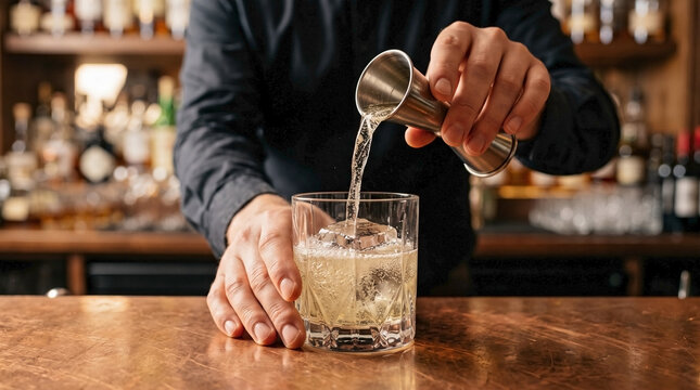 Bartender pouring cocktail into glass with ice on copper bar counter, skillfully preparing refreshing drink. Experienced barman crafting delicious beverage using jigger for measurement.