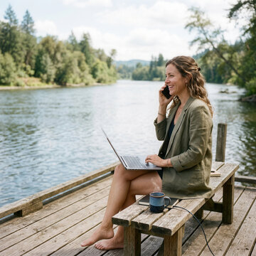 Remote Work Bliss A Woman Working Outdoors By A Serene River