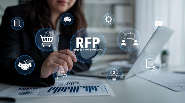 Businesswoman Filling Out a Request for Proposal with Digital Icons Representing Procurement and Communication Processes in a Modern Office Environment. Glyphic.