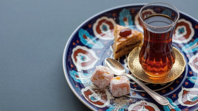 A tea arrangement in which a glass armud with strong tea is served on an ornate dish together with pieces of Turkish delight and baklava. Photo with space for text.