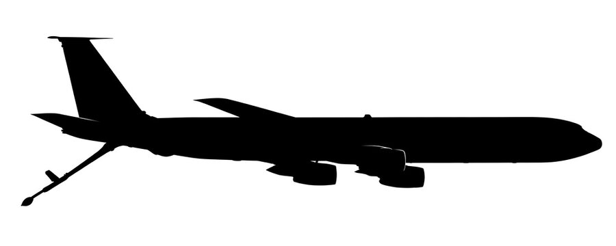 Silhouette profile view of a large tanker aircraft in flight