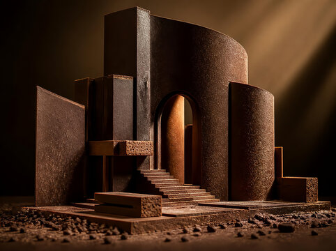 Surreal brutalist architecture built from dark chocolate, cocoa biscuits and thin chocolate sheets with arch and stairs, moody luxury autumn 2026 dessert concept with copy space for patisserie and foo
