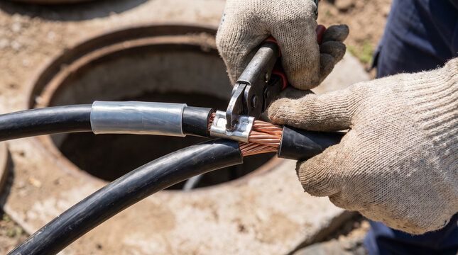 Worker splicing underground cables with gloves near manhole  