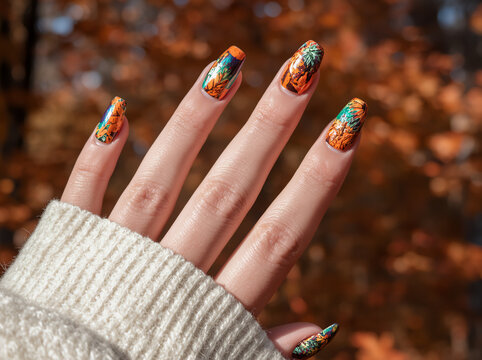 Creative autumn nail art with orange, teal and burgundy botanical design on manicured hand in cozy cream knit sleeve, fall 2026 beauty trend with bokeh copy space for salon and lifestyle ads