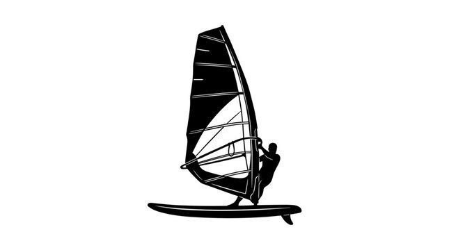 Windsurfer Silhouette Riding Wave on Board with Sail