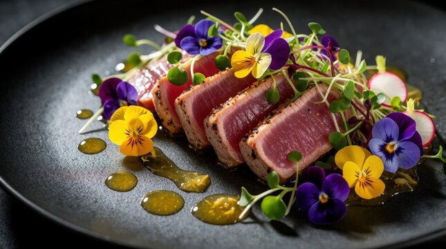 Gourmet seared tuna steak slices served on dark plate. Fresh microgreens, colorful edible pansies decorate premium fish dish. Zesty sauce drops, radish slices add flavor to luxury meal. High end