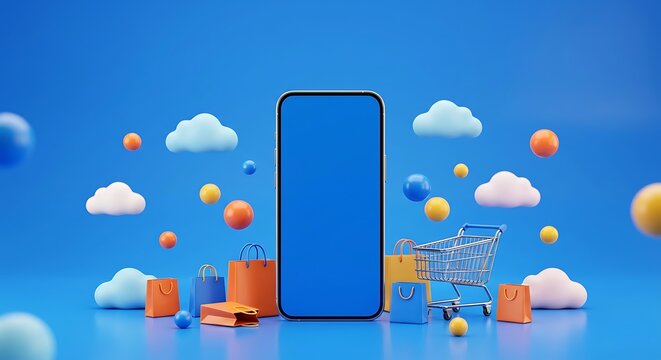 A smartphone mockup is displayed with shopping bags bubbles and clouds in a vibrant 3d rendering mobile device screen display packages