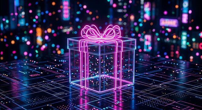 A glowing gift box with a ribbon sits atop a digital circuit board rendered in a futuristic style present package wrapping