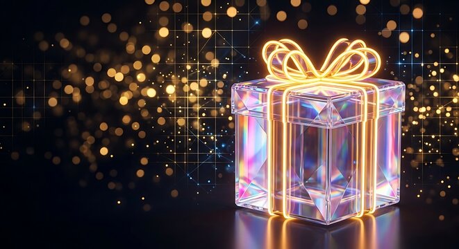 A luminous gift box with a golden ribbon is presented against a dark digitally rendered background present package wrapping container cubic