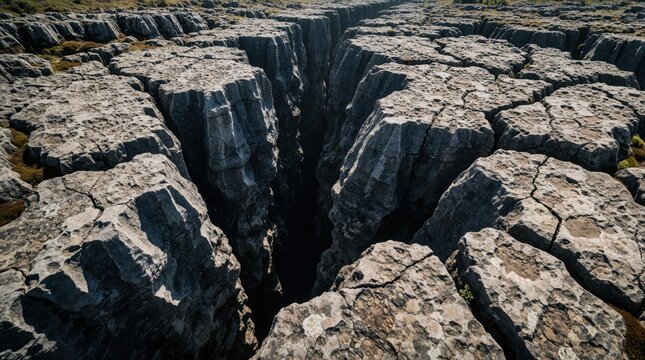 Deep geological fissure splits rugged grey stone formations in wild nature. Massive rocky crevice shows textured earth surface with sharp edges. Ancient canyon opening creates dark ravine within