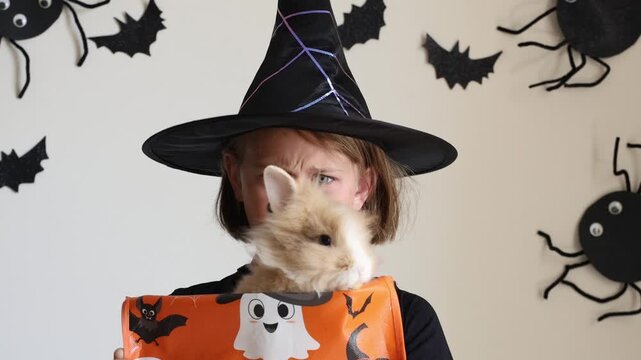 Video portrait happy excited face girl child in black witch hat holding orange candy bucket rabbit against a wall decorated background with bats, celebrating Halloween with playful costume. spooky han