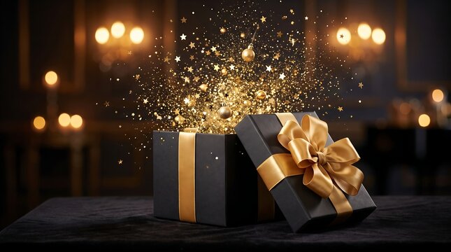 An open black gift box with a golden ribbon releases glittering particles against a blurred festive background celebration container decor delight