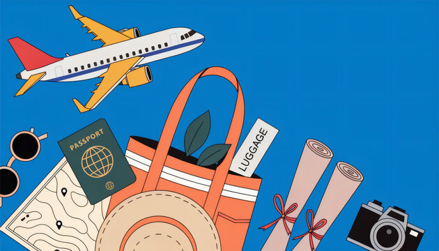 Travel flat lay design with plane, luggage, passport, and travel items on blue background