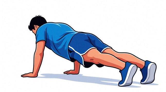 Athletic man in blue activewear performs push up exercise on white background. Male person builds muscle strength through bodyweight training. Young guy press ups to improve core fitness, physical
