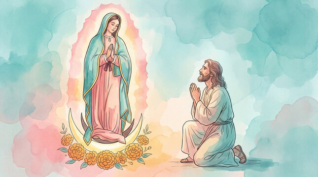 A man kneels in prayer before the Virgin Mary, depicted in a soft watercolor style with a halo and floral accents.