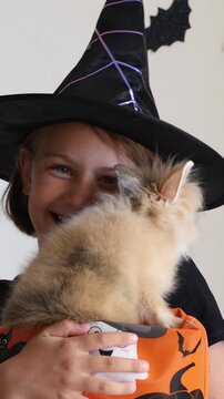 Video vertical portrait happy excited face girl child in black witch hat holding orange candy bucket rabbit against a wall decorated background with bats, celebrating Halloween Pet shop advertising
