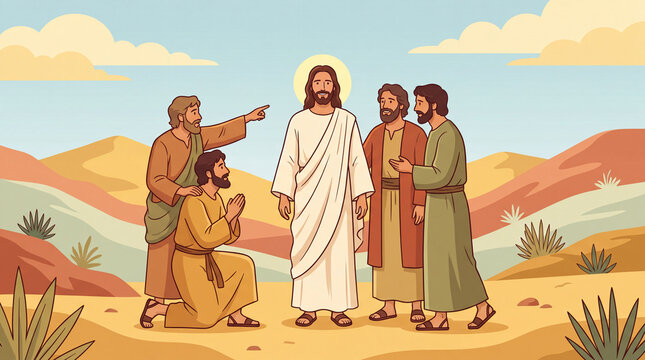 Jesus Christ, depicted with a halo, stands with his disciples in a stylized desert environment with rolling hills.