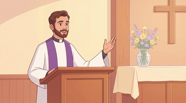 A friendly priest stands at a wooden pulpit, speaking to the congregation. He wears clerical attire.