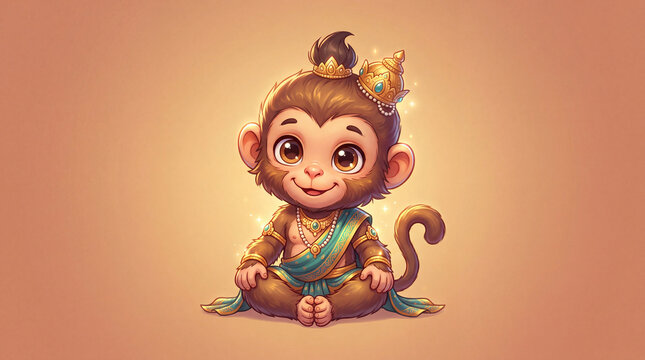 A charming, cartoon-style depiction of a baby monkey adorned in a golden crown and regal Indian clothing.